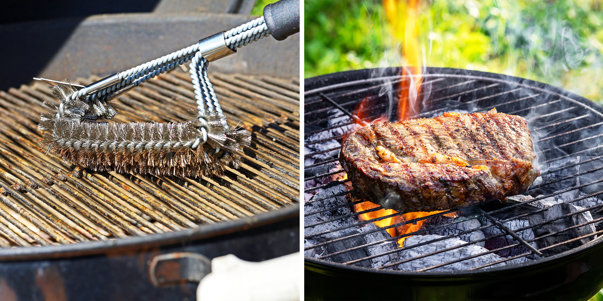 2 Panel image of grill with steel bristles and grill with steak