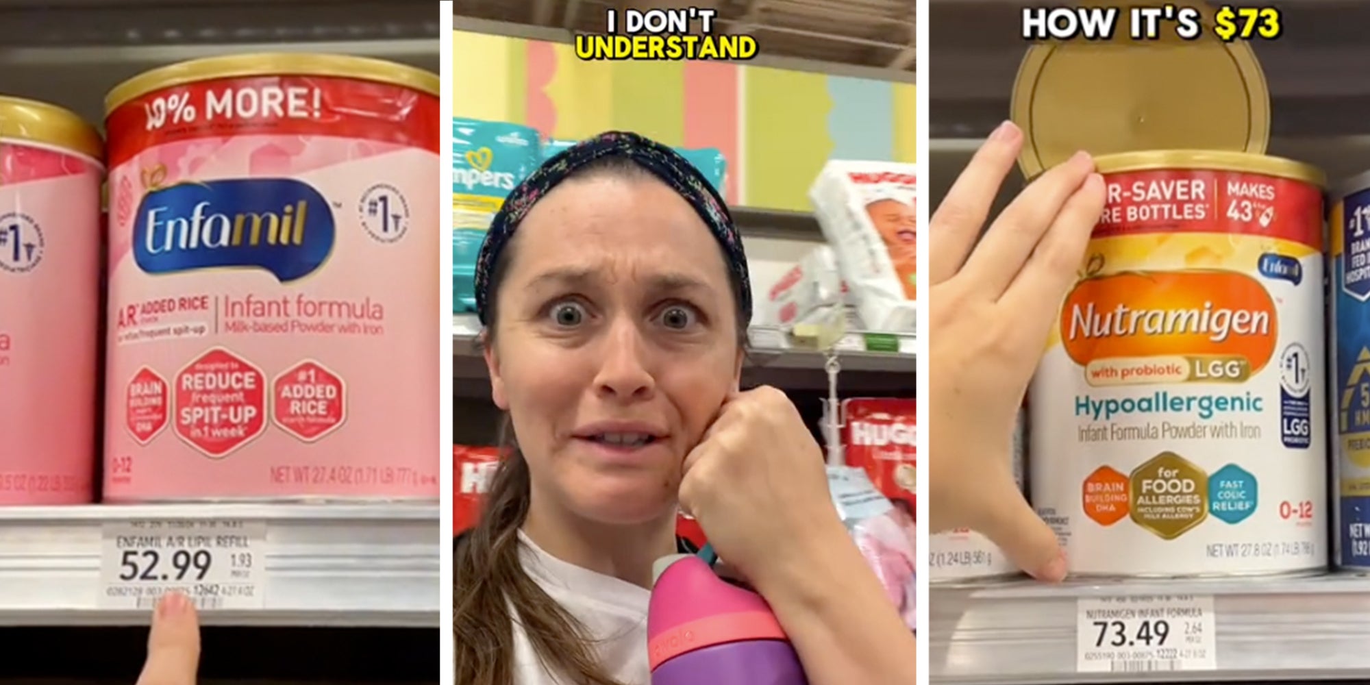 3 panel: Woman pointing at baby formula prices at the grocery store