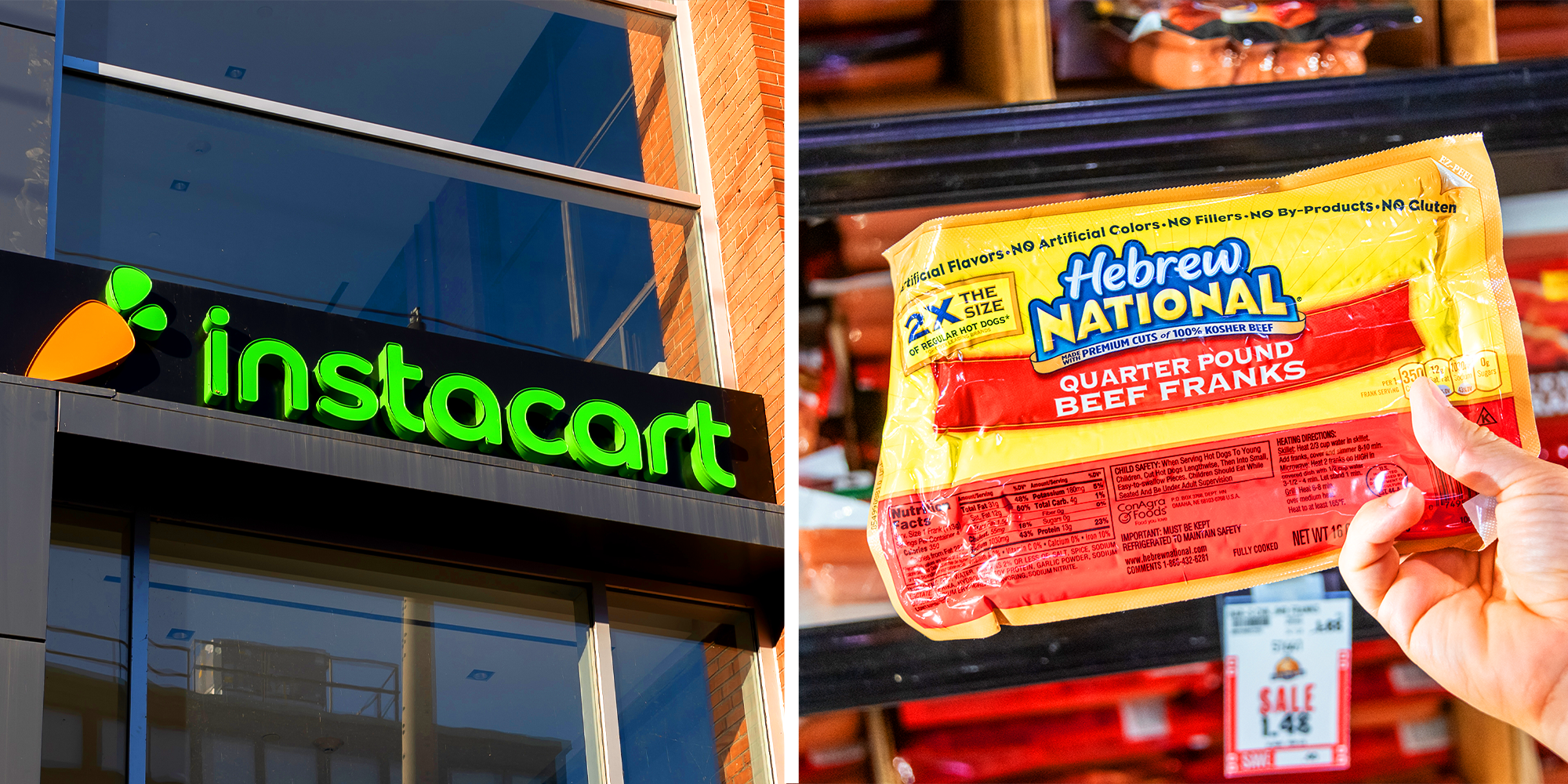 2 Panel image, instacart store front, and hebrew National hotdogs