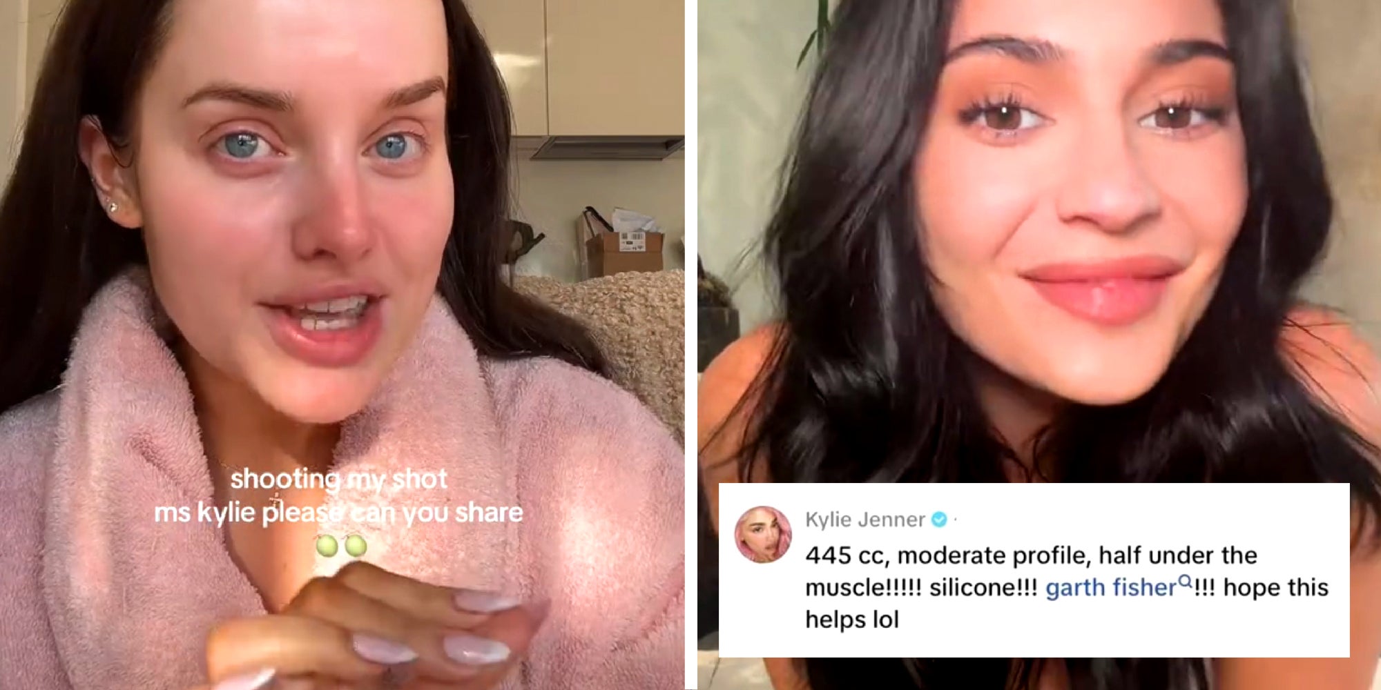 2 panel image of person asking Kylie Jenner a question on TikTok and her response.