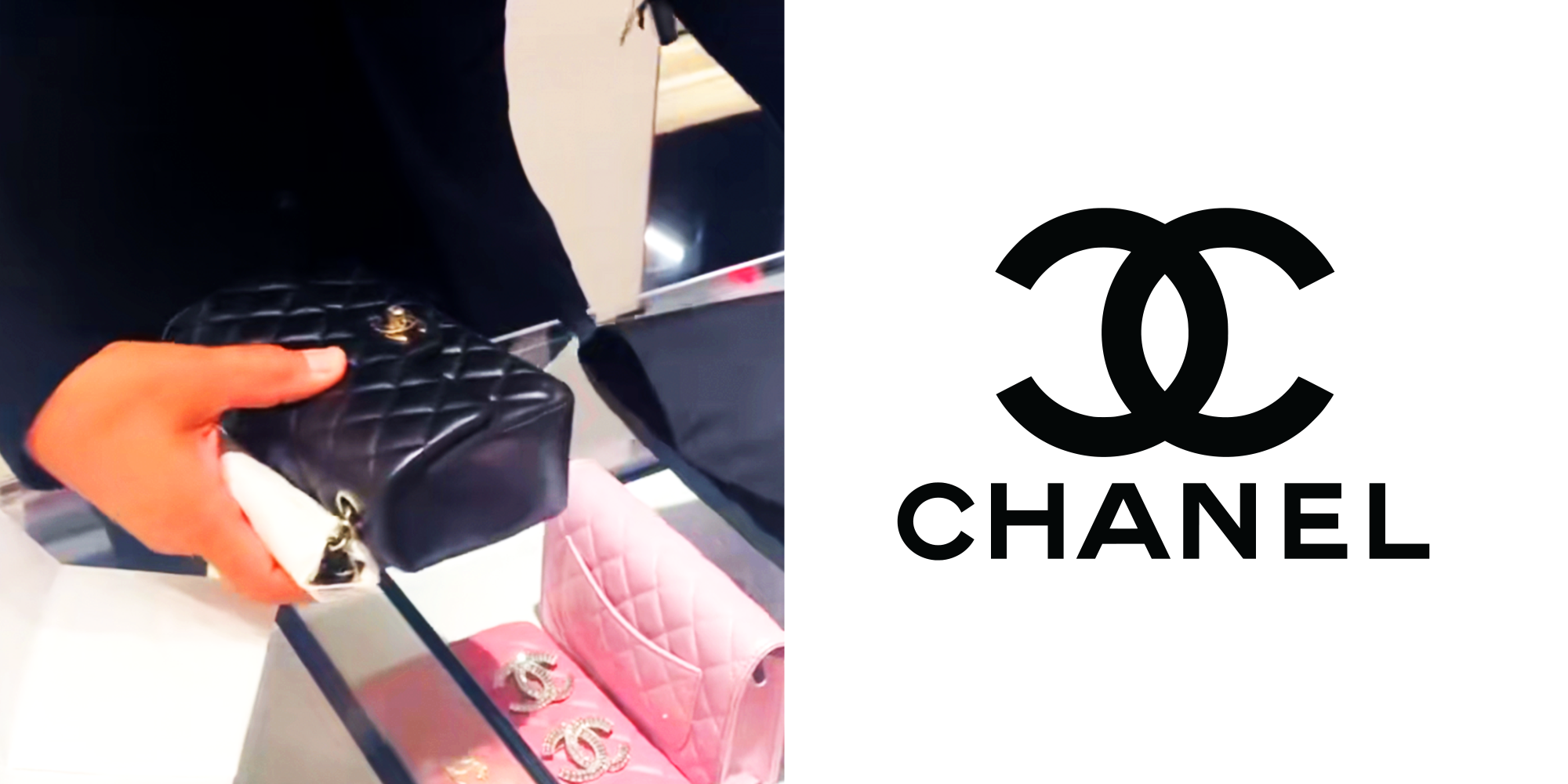 2 Panel Image of person holding black chanel bag, and chanel logo
