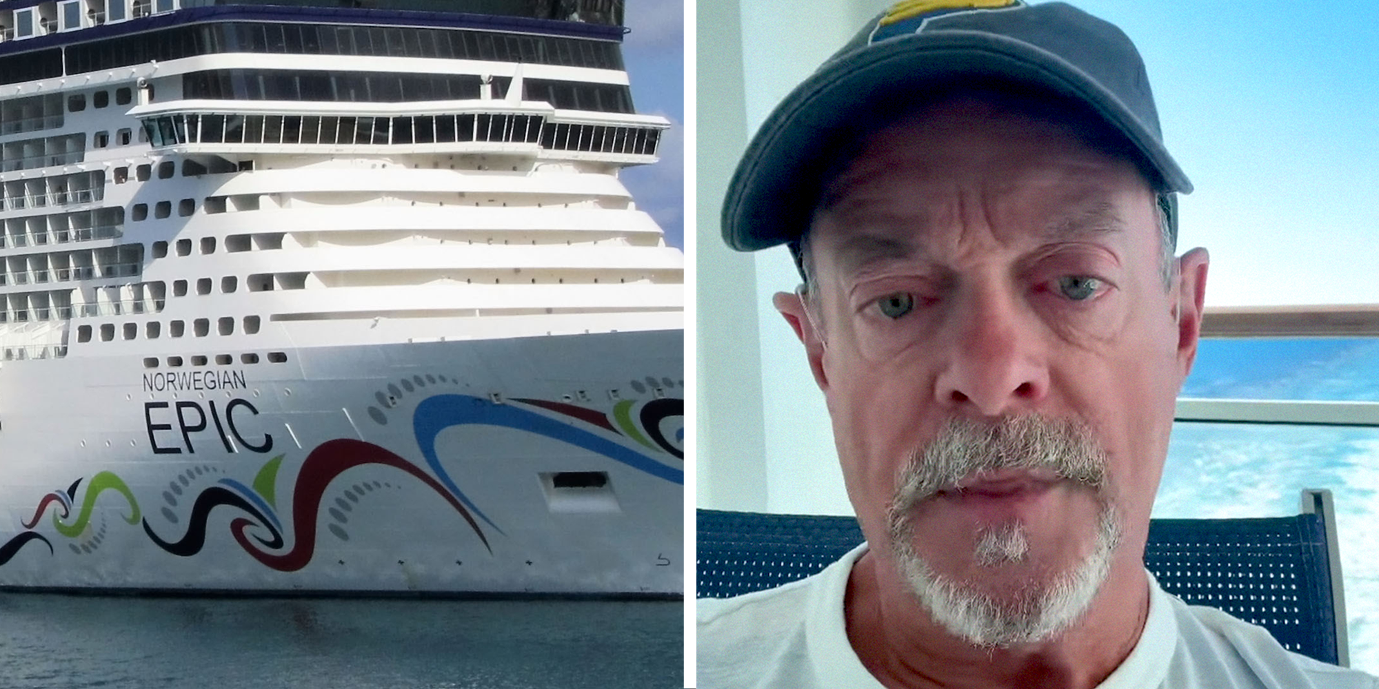 2 panel image of the Norwegian Epic cruise ship and a passenger