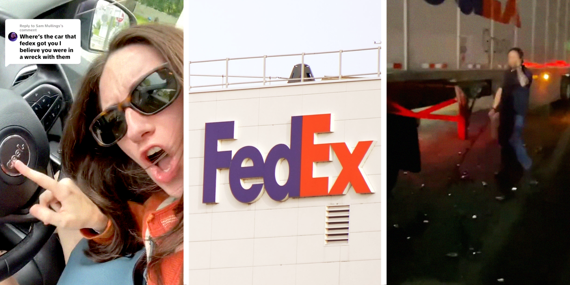 3 panel image; a woman shows off a new car, a FedEx headquarters, the aftermath of a car accident