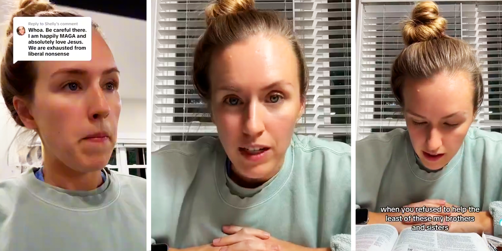 3 Panel image of girl with hair bun and teal top reading bible