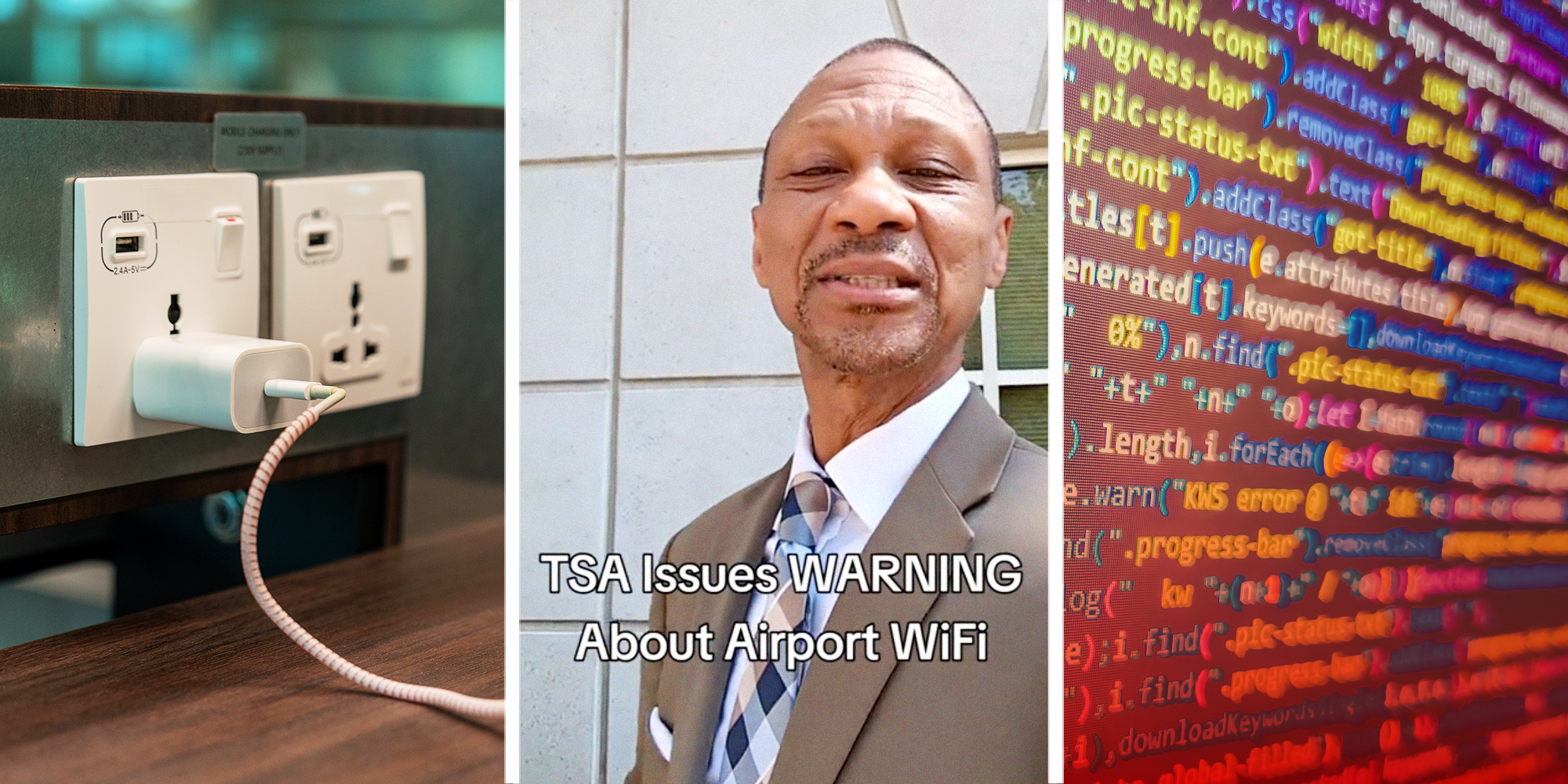 3 panel image; an airport charging station, a man relaying a warning on TikTok, a close-up of code