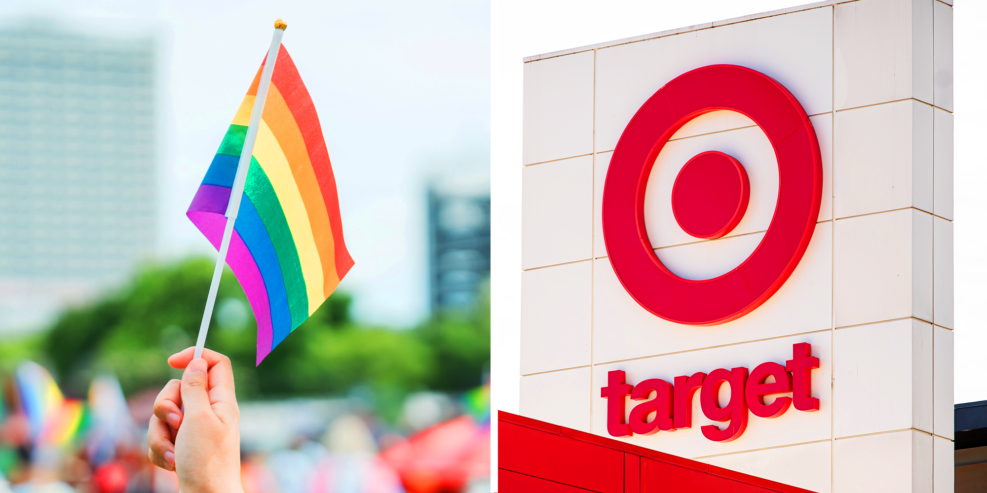 2 Panel Image of person holding pride flag and Target logo