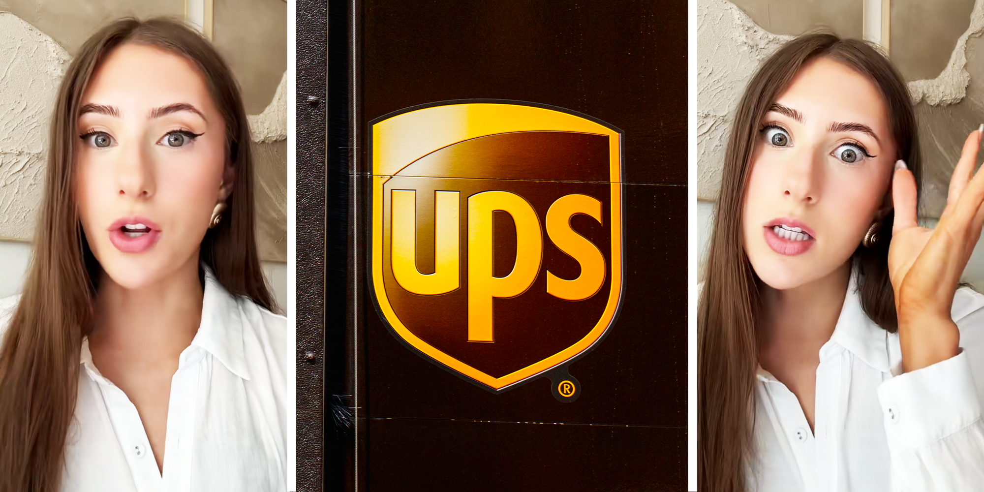 3 Panel Image of Woman with long hair and white blouse, and UPS logo