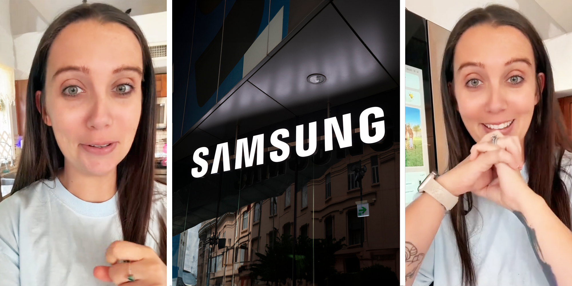 3 Panel Image, Women with long hair and Samsung Storefront