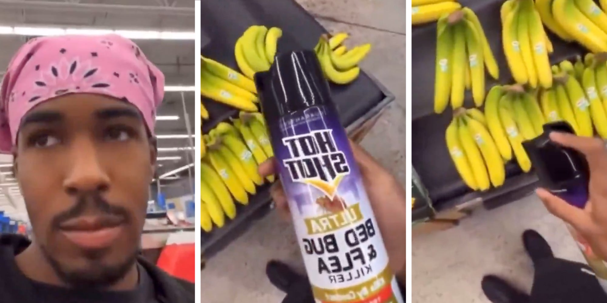TikToker Wolfie Kahletti spraying Walmart bananas with insecticide as a prank