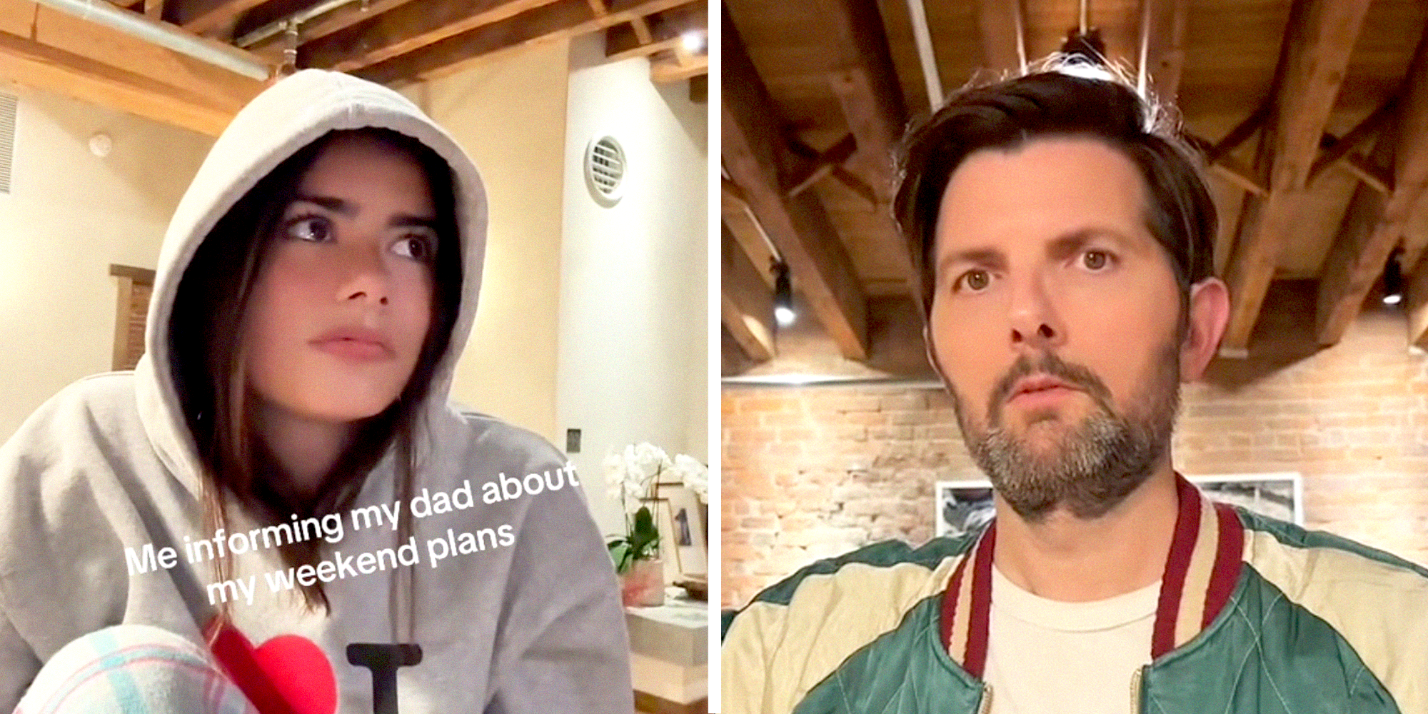 2 panel image of a TikTok and Adam Scott