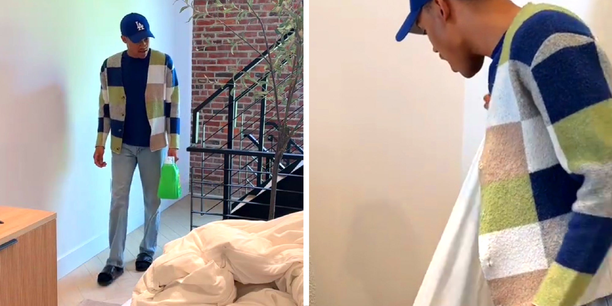 2 panel image showing the person looking around an apartment.