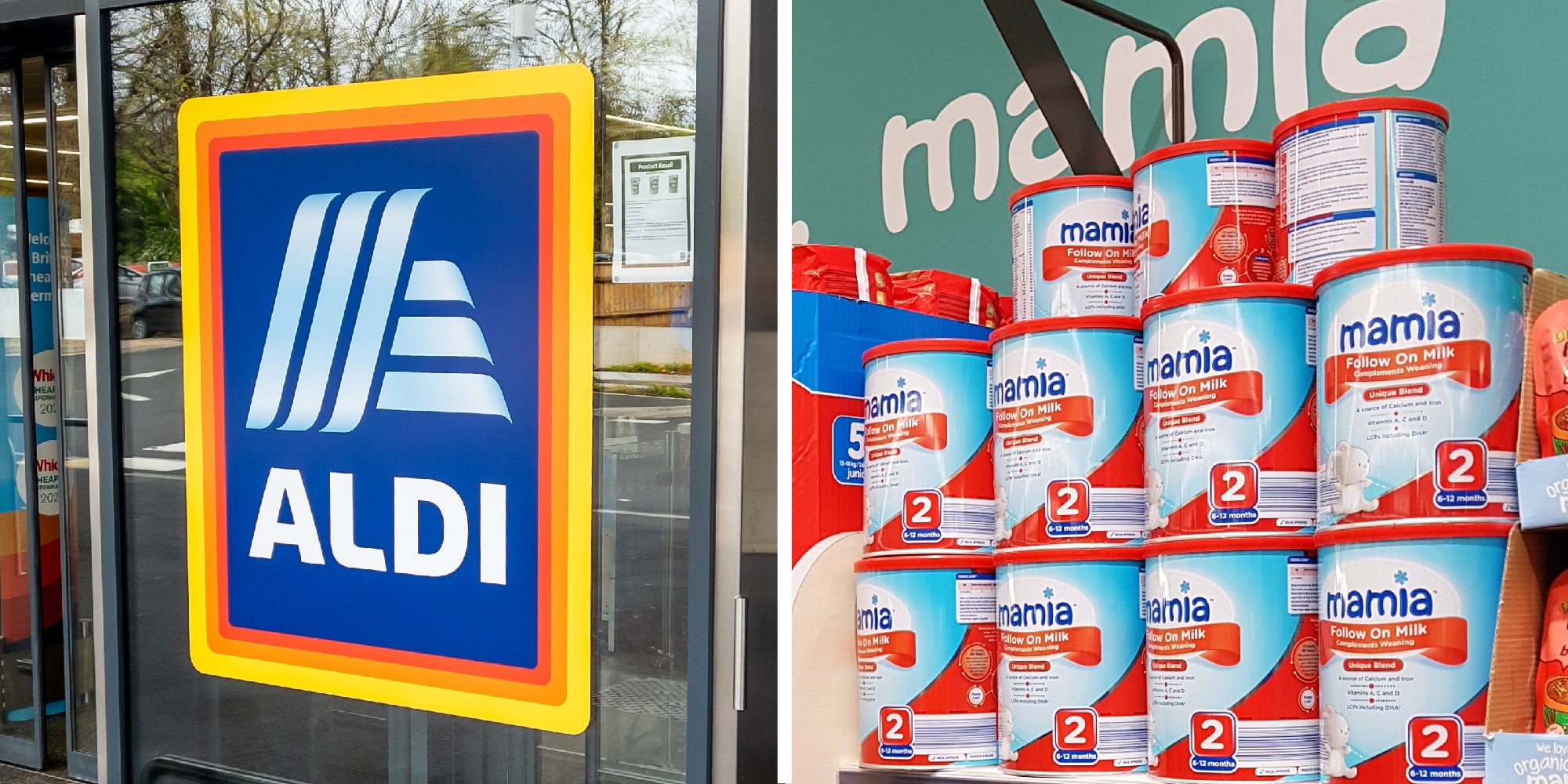2 panel image of the exterior of an Aldi store and and a store shelf with cans of baby formula on it.