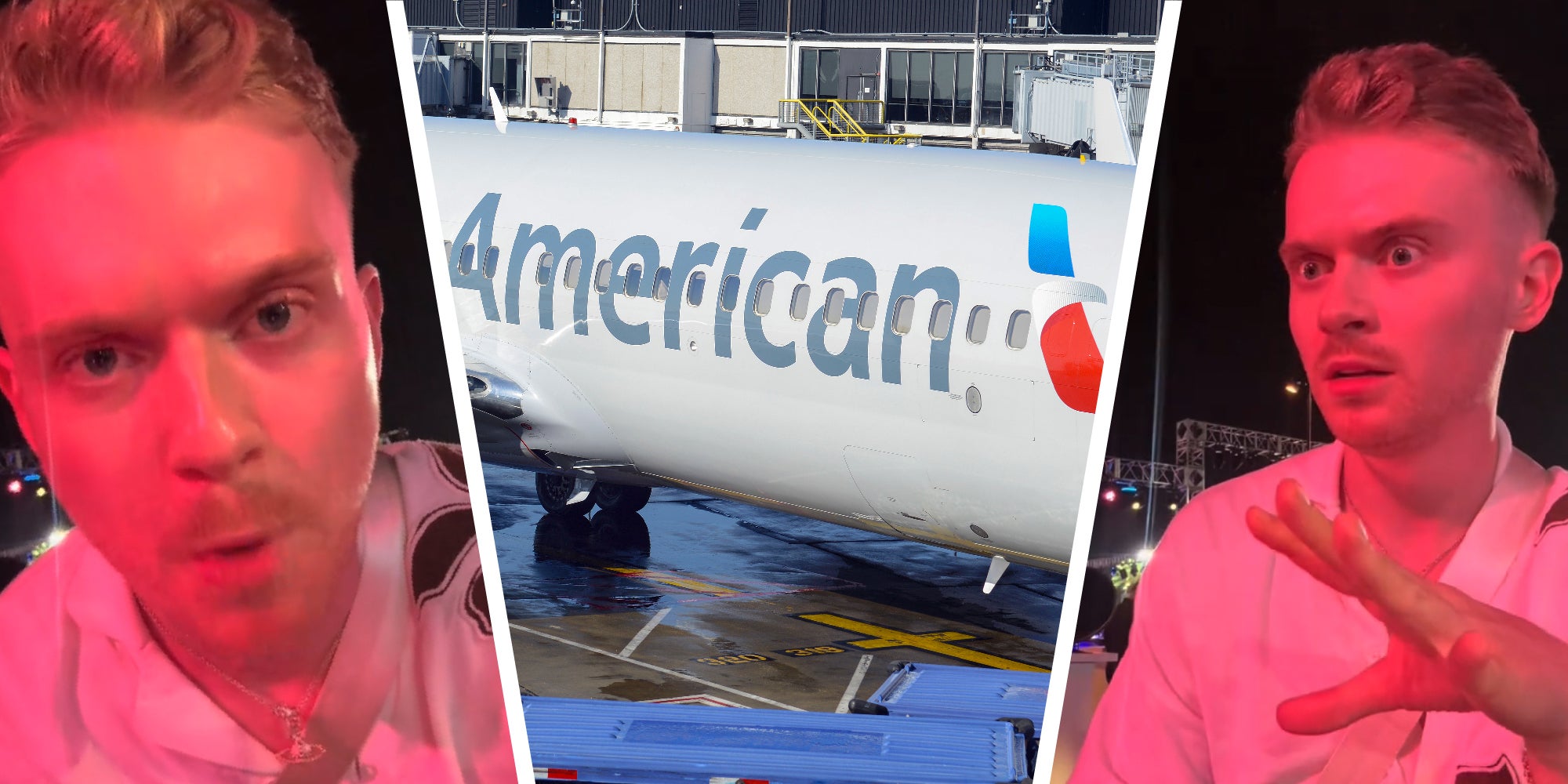 3 panel image of a person explaining and the American Airline logo on an airplane.