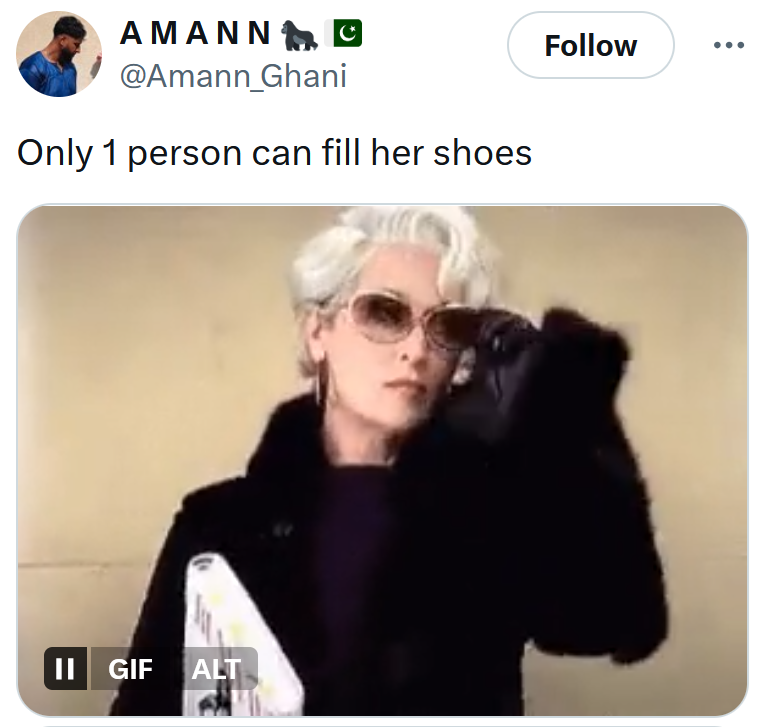 Tweet reading 'Only 1 person can fill her shoes' with a The Devil Wears Prada gif.