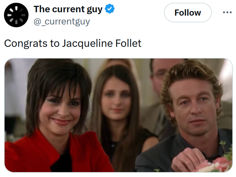 Tweet reading 'Congrats to Jacqueline Follet'