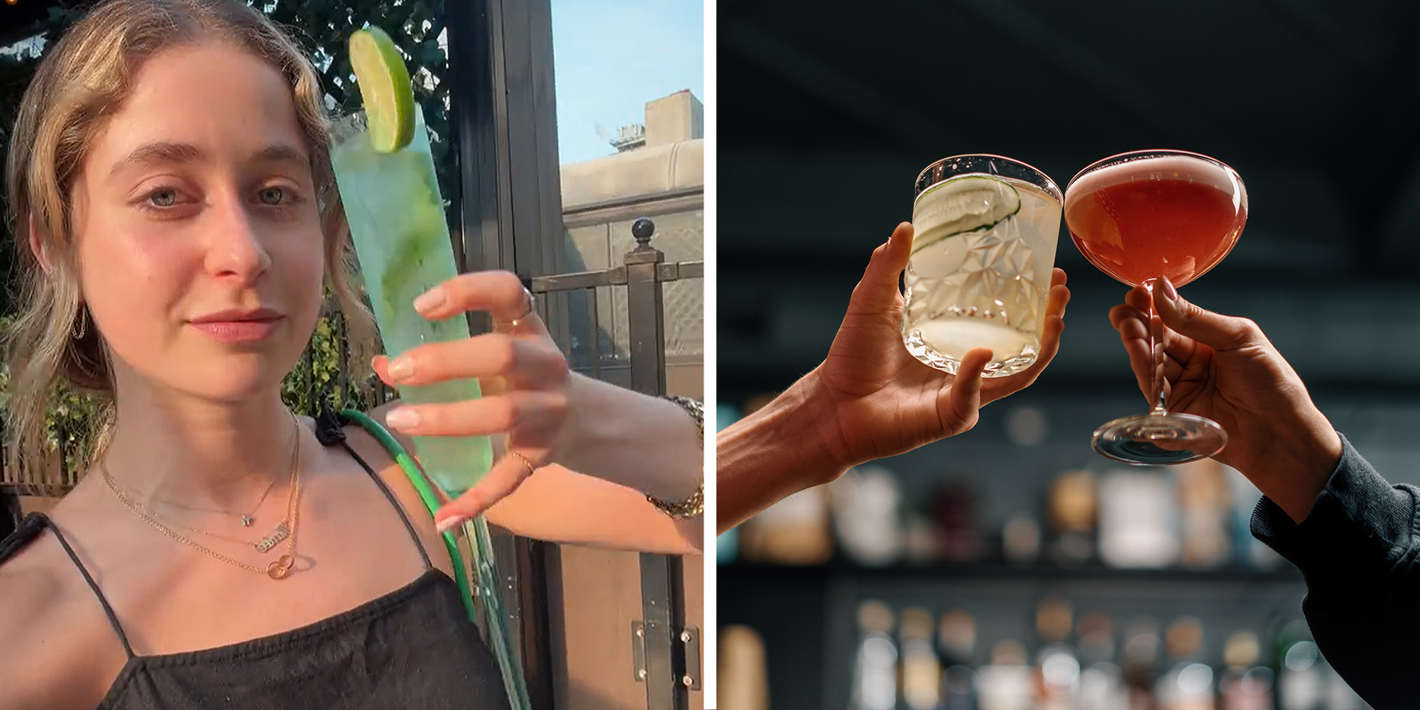 2 panel image. Woman holding long cocktail glass on left. Two cocktails being cheered on right.