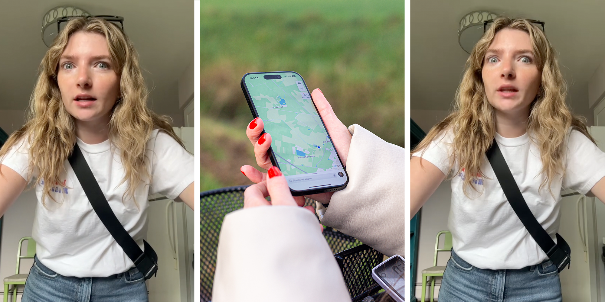 Apple Maps screen. Woman in white t-shirt stands in front of camera with a concerned look on her face.