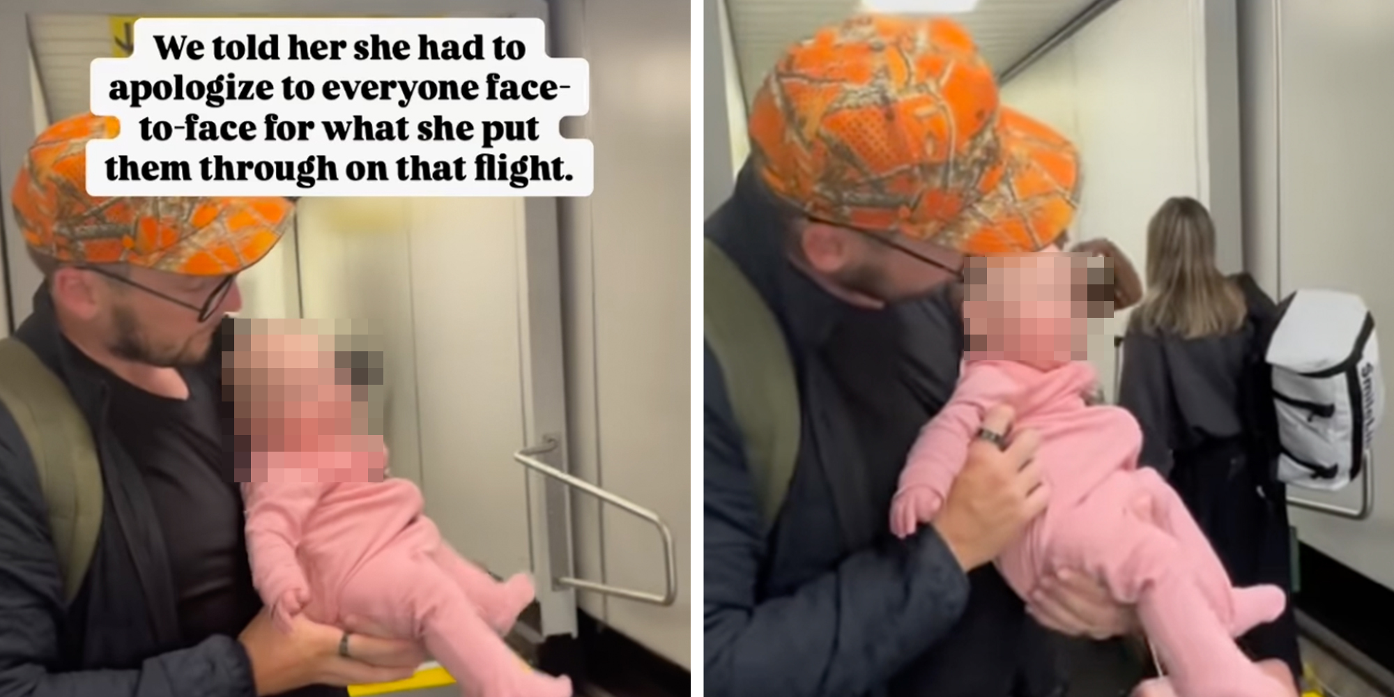 Man holding baby under caption reading: 'We told her she had to apologize to everyone face-to-face for what she put them through on that flight'