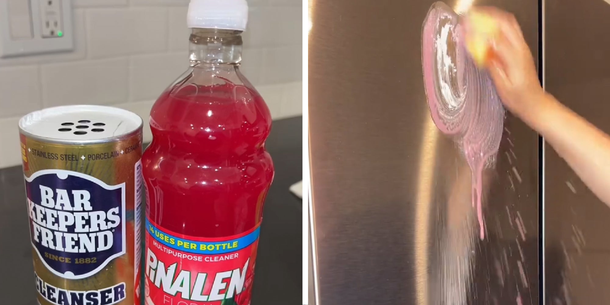 2 panel image: bottle of Bar Keeper's Friend and Pinalen and a person scrubbing a fridge.