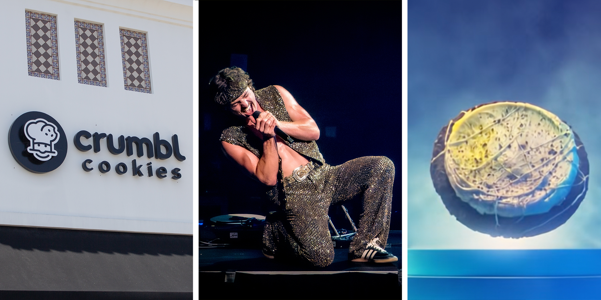 Benson Boone sings on stage. Crumbl Cookies signage at storefront. Benson Boone's Moonbeam Crumbl cookie floats above a pedestal, with a colorful yellow and purple icing.