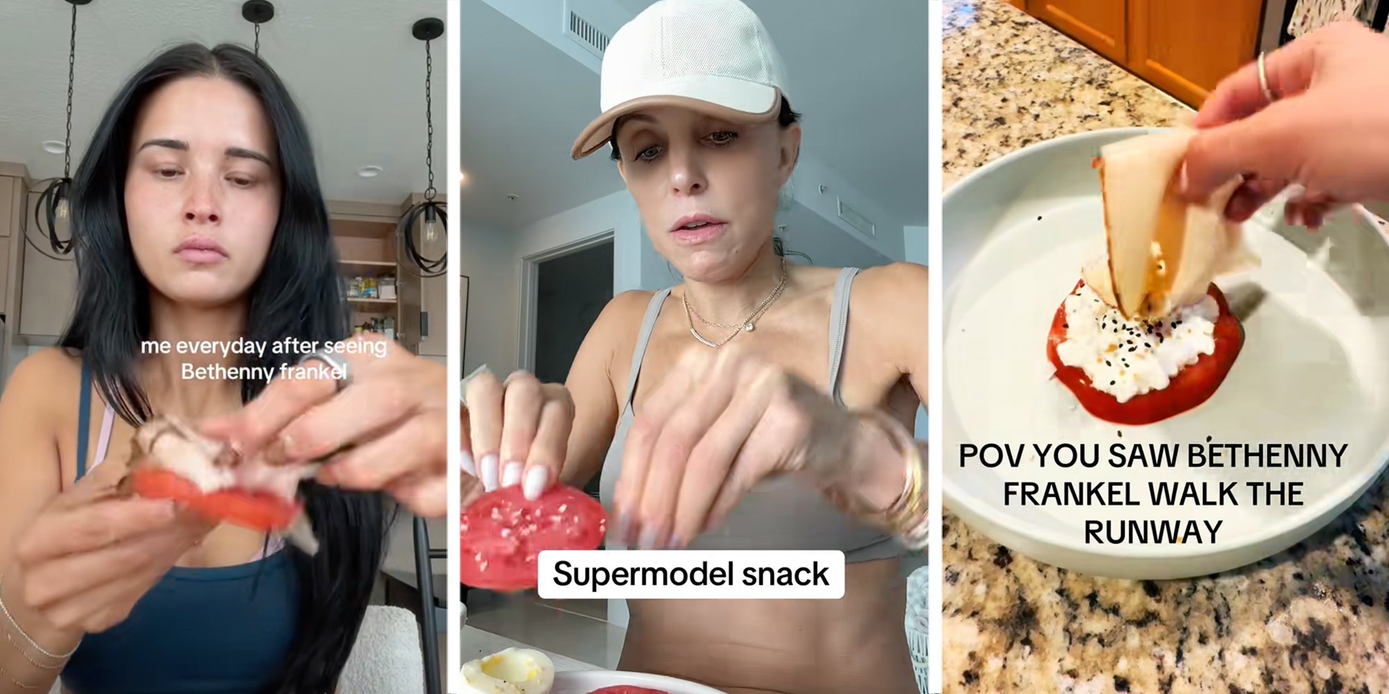 3 panel: Bethenny Frankel making a 'supermodel snack' out of tomatoes, cottage cheese, and turkey