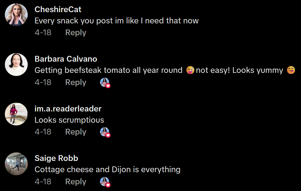 Comentários de Tiktok, incluindo uma leitura 'Todo lanche que você postar, como eu preciso disso agora'