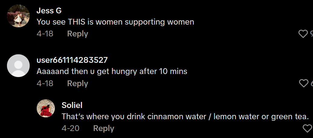 Comentários de Tiktok, incluindo uma leitura 'você vê que são mulheres que apoiam mulheres'