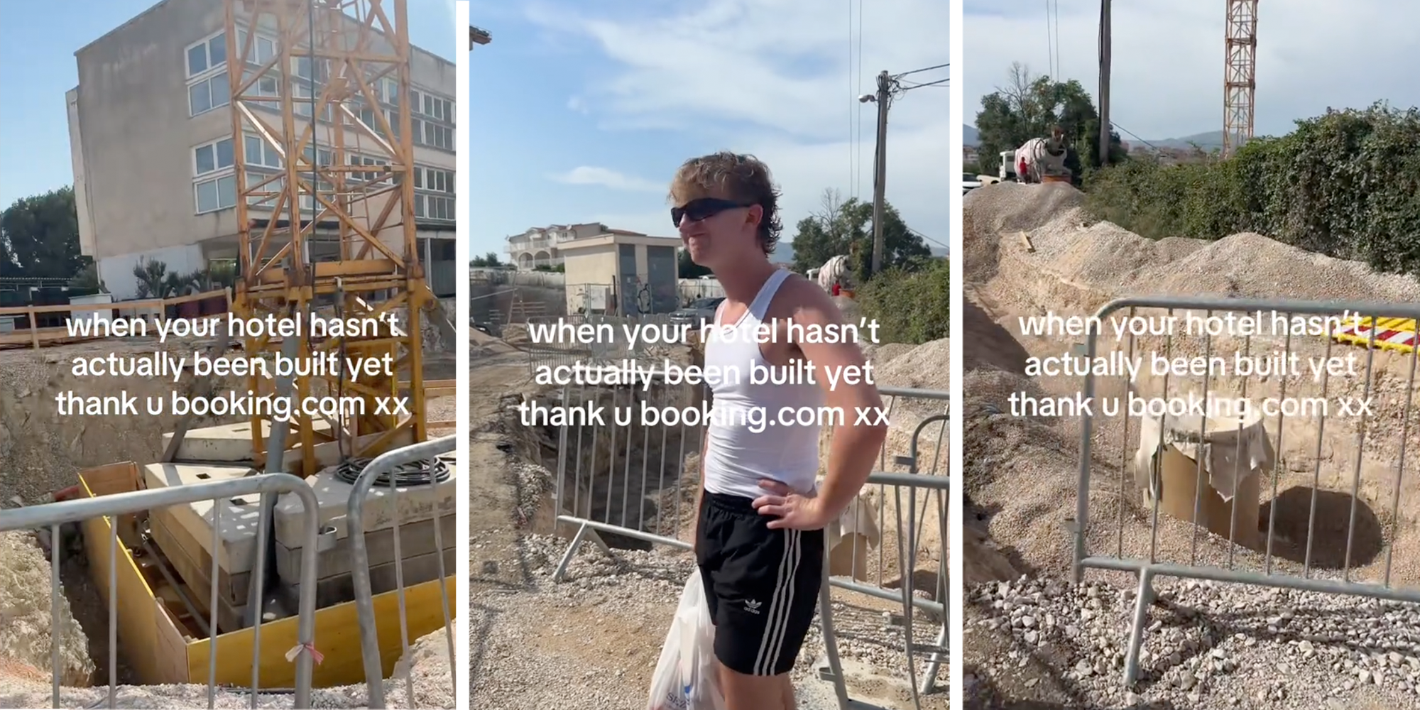 Two panels show a construction site with just a few holes dug into the ground. A person stands with their hands on their hips in the middle of the site, dumbfounded.