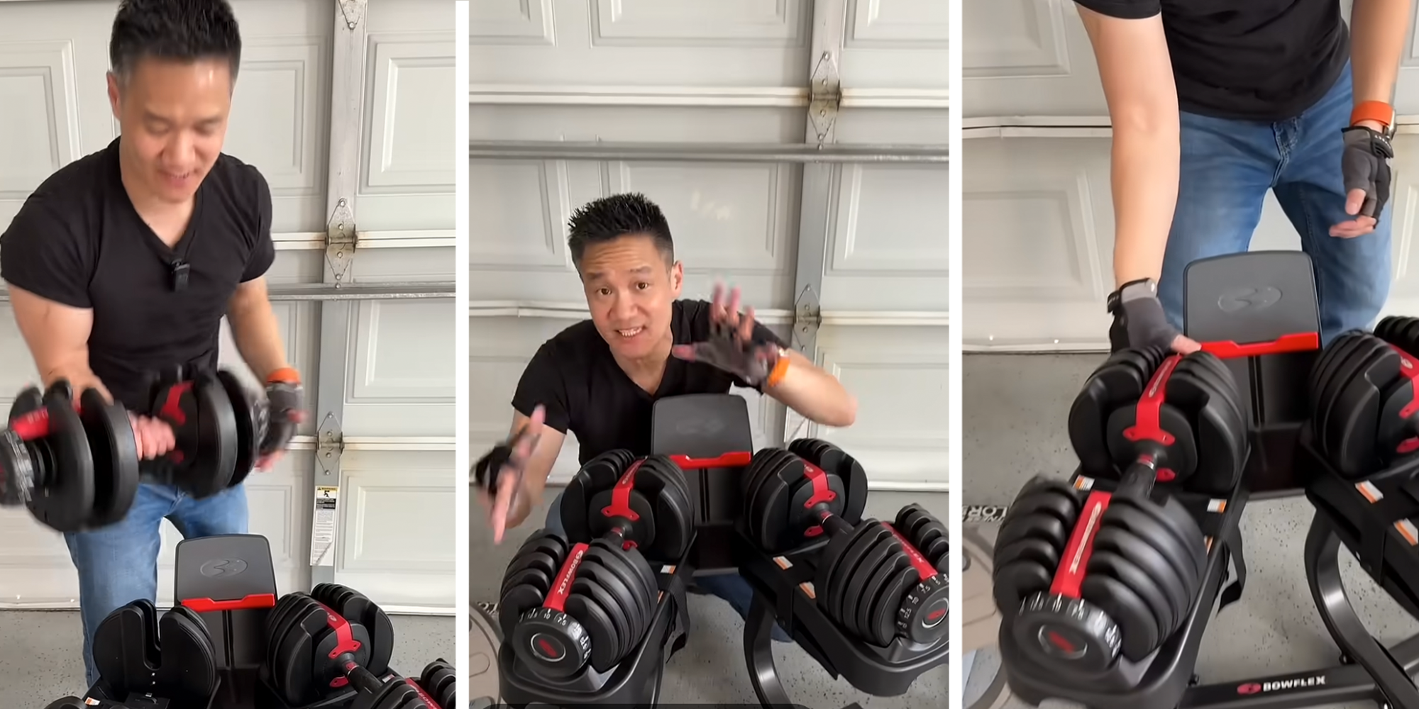 Man shows off Bowflex dumbells in his garage.