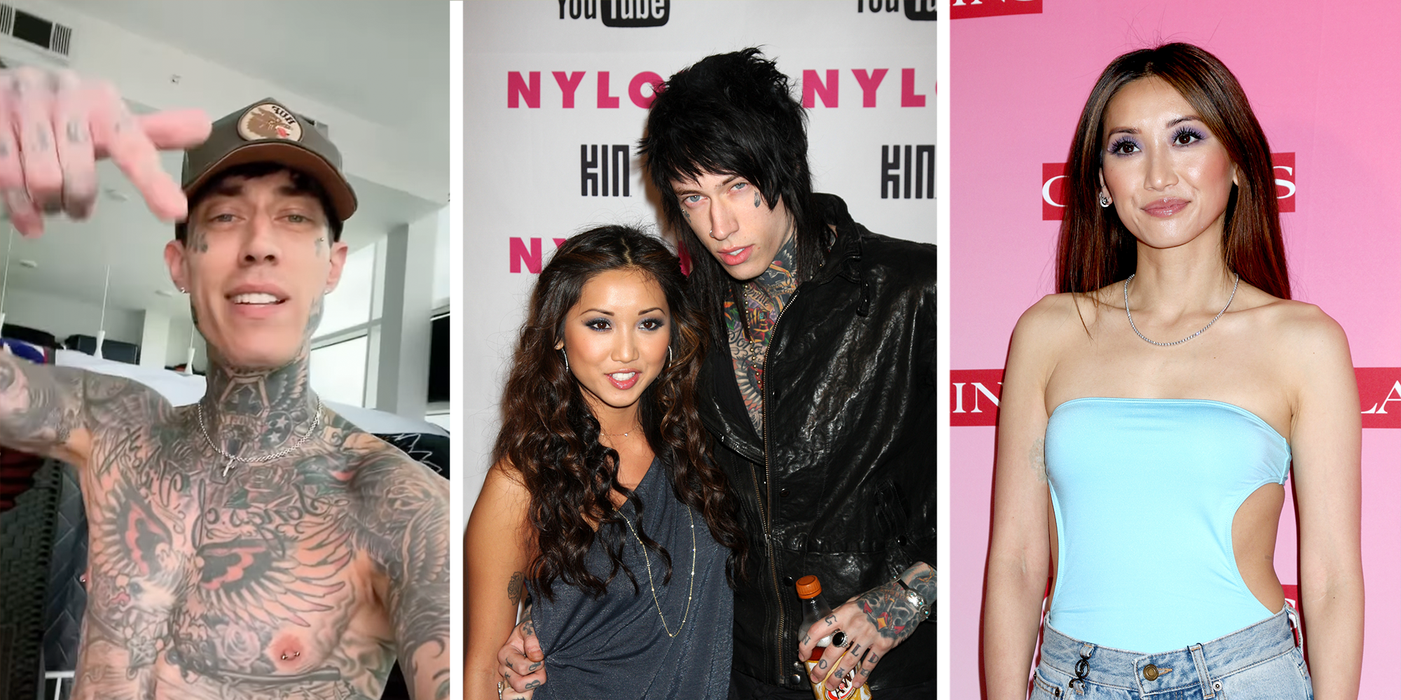 A shirtless Trace Cyrus points at the camera in an Instagram video. An old photo of Brenda Song and Trace Cyrus as a couple. Brenda Song stuns on red carpet.