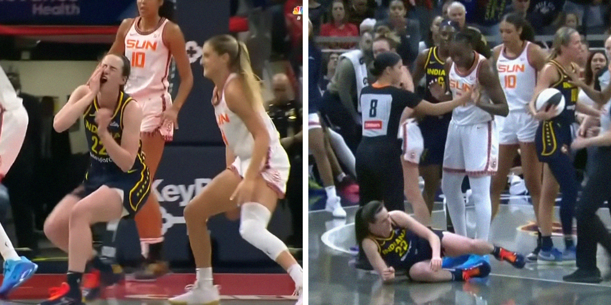 Caitlin Clark holds her face after getting hit by Connecticut Sun player. Another photo shows her on the ground after a Sun player pushed her to the ground.