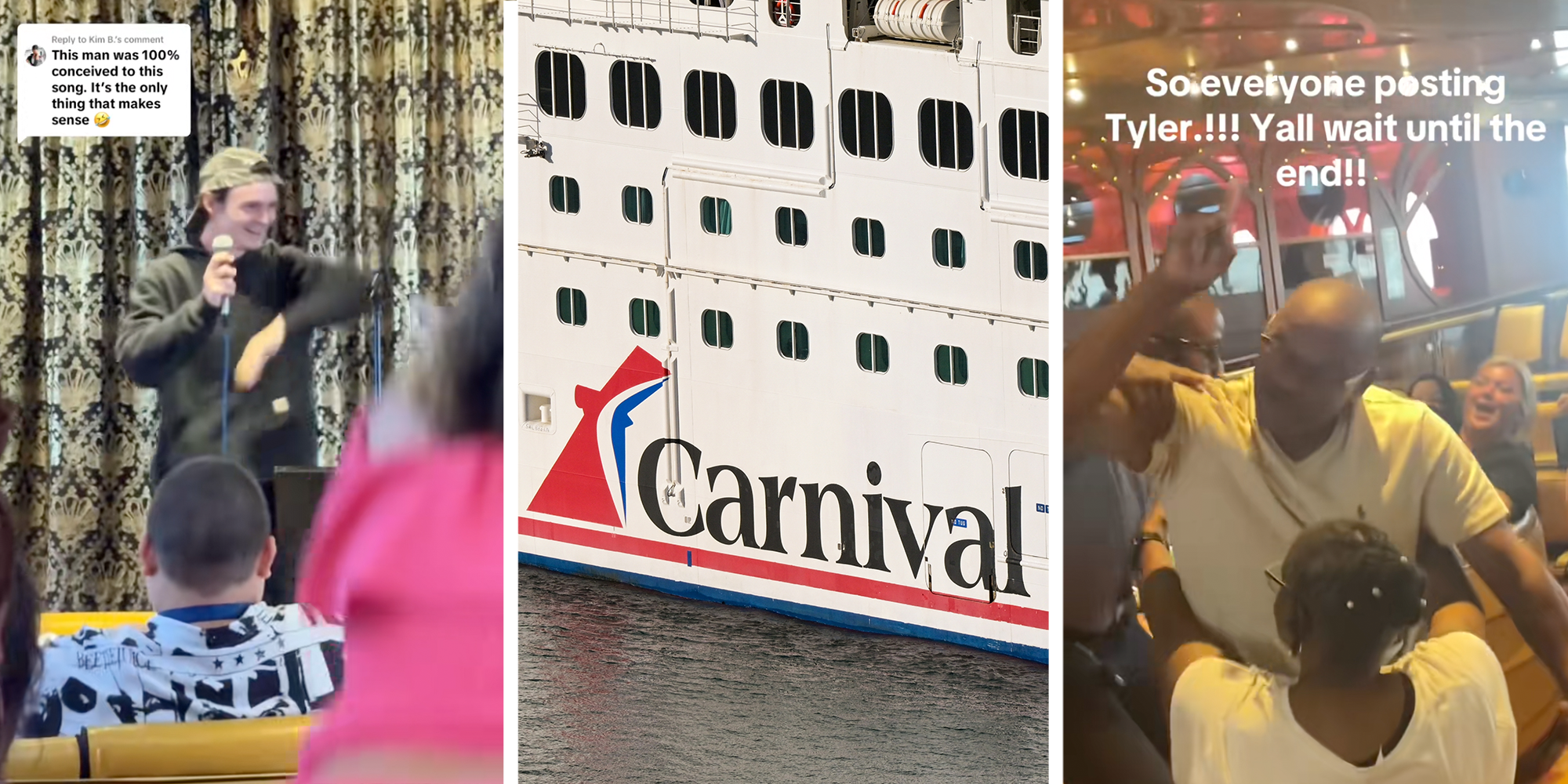 Carnival cruise tyler stands on karaoke stage with a microphone