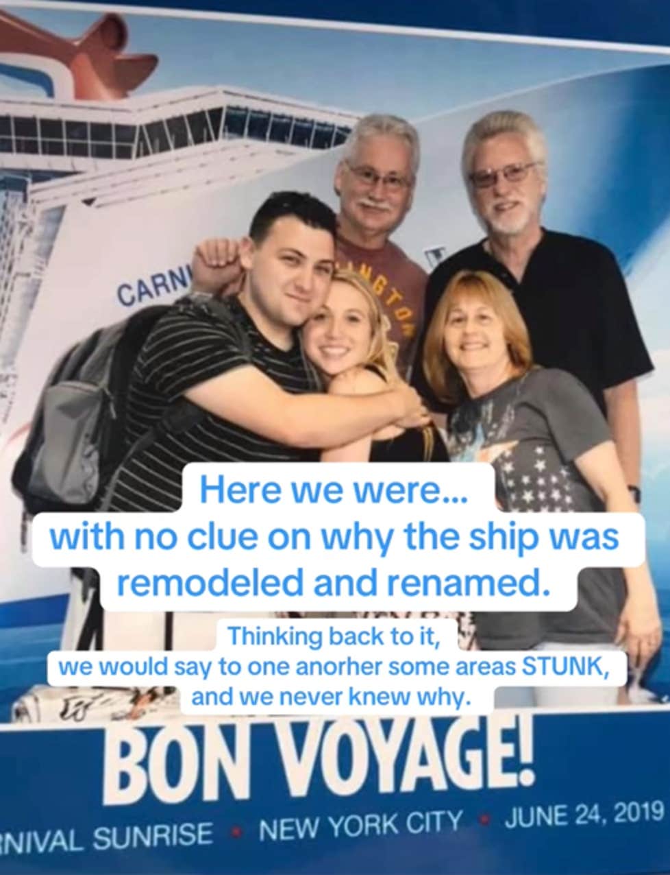 Carnival Poop Cruise TikTok video showing a family photo from a Sunrise cruise.