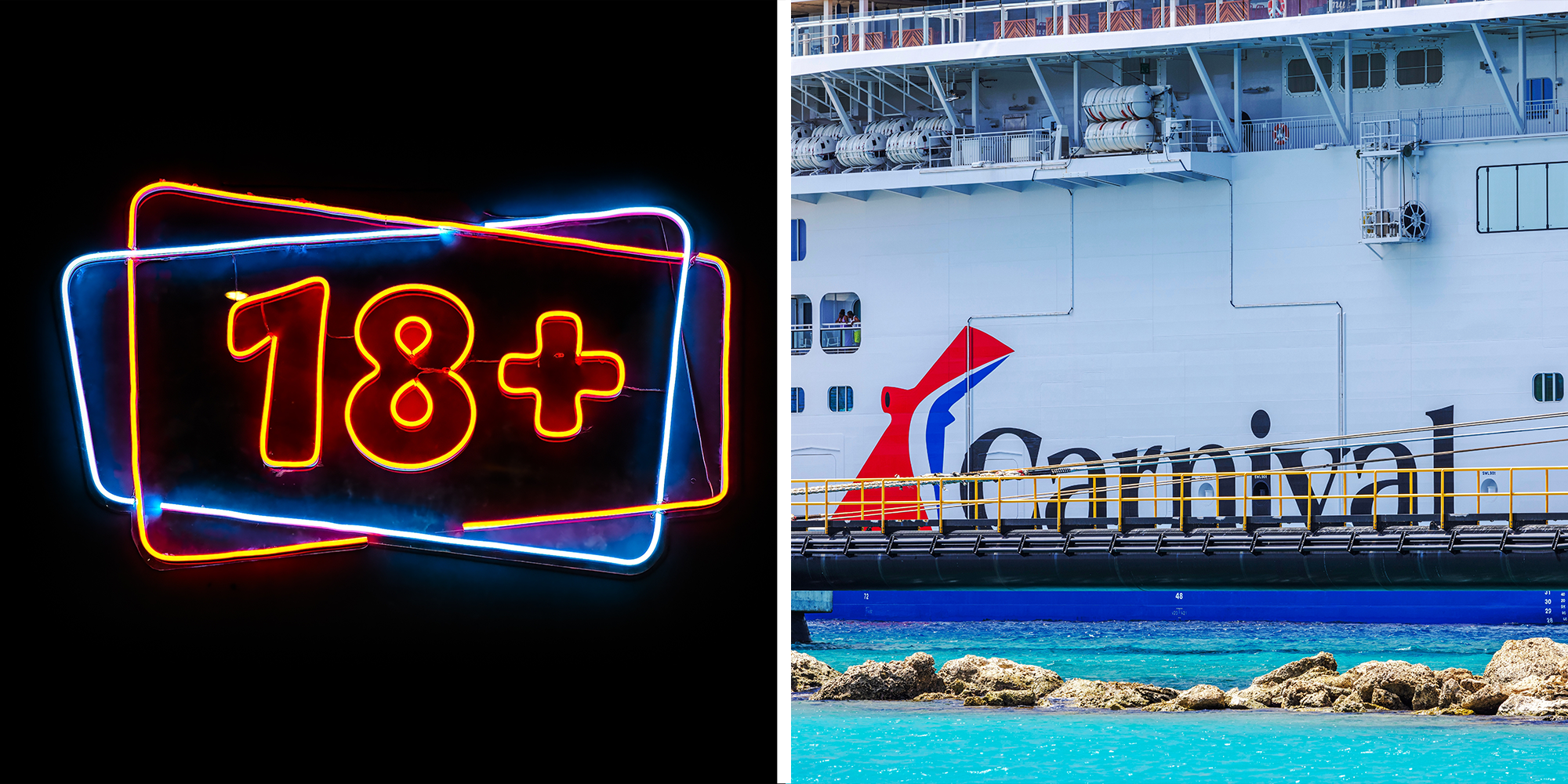 2 panel image. "18+" sign on left. Carnival cruise ship on right.