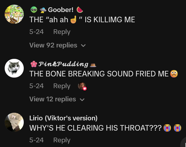TikTok comments including one reading 'THE BONE BREAKING SOUND FRIED ME'