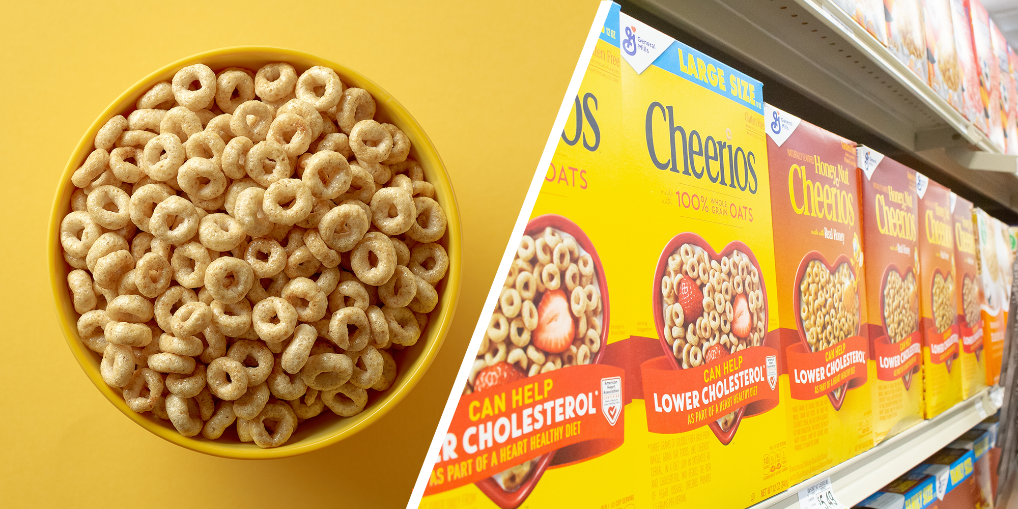 Bowl of Cheerios on a yellow background. A lineup of Cheerio boxes in a grocery store aisle.