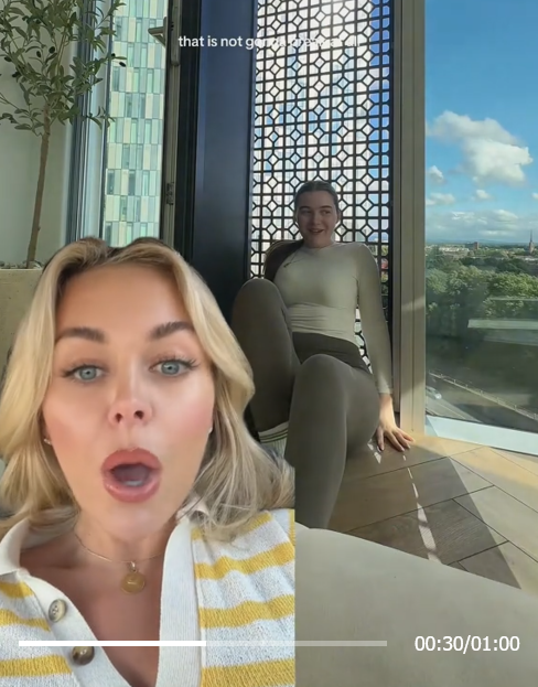 TikTok video of a woman speaking in front of a still image of a U.K. apartment owner testing her cheese grater windows.