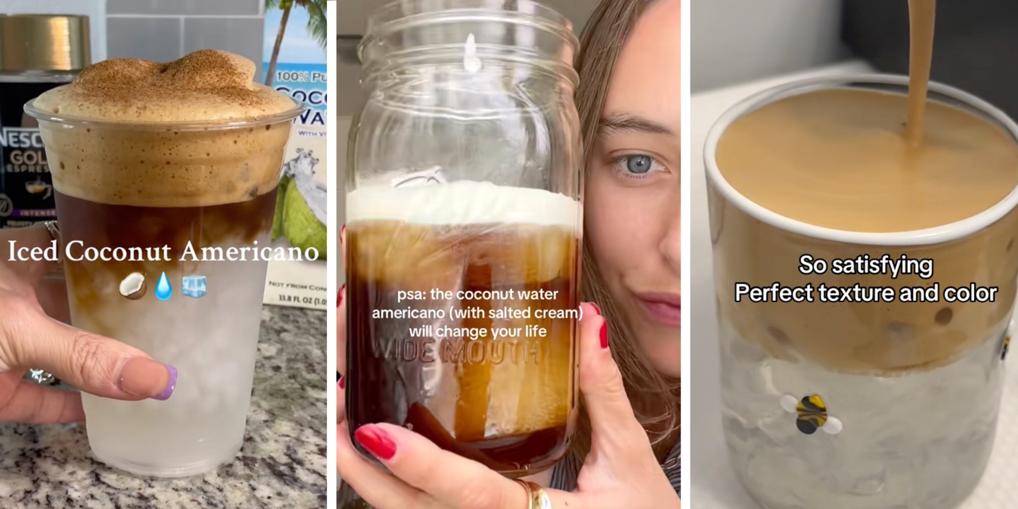 3 panel: Iced coconut Americano TikToks