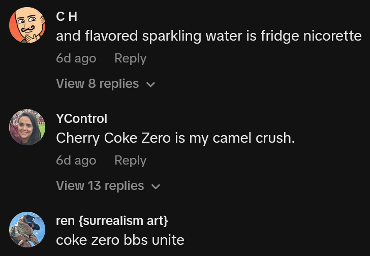TikTok comments including one reading 'Cherry Coke Zero is my camel crush'