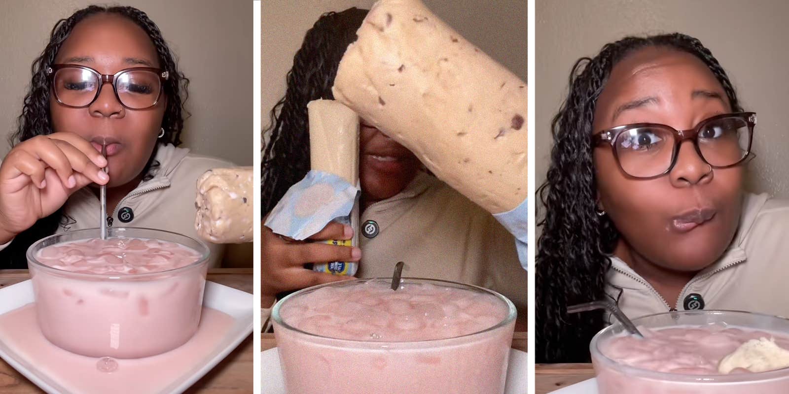 Woman dips raw cookie dough in strawberry milk in viral mukbang—critics ...