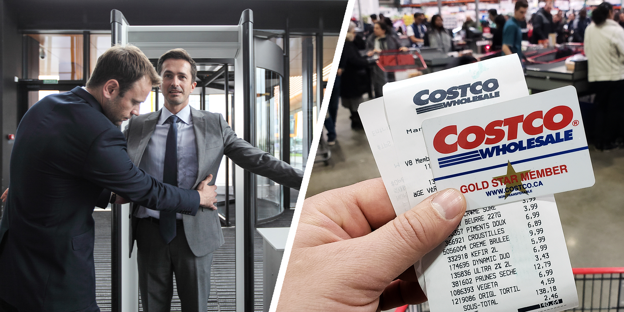 Left; Man in suit is patted down by TSA officer at airport. Right; Person holds up Gold Star Member Costco card and receipt.