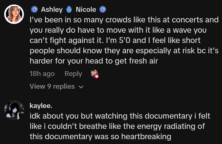 Crowd safety TikTok comments including one reading 'I’ve been in so many crowds like this at concerts and you really do have to move with it like a wave you can’t fight against it. I’m 5’0 and I feel like short people should know they are especially at risk bc it’s harder for your head to get fresh air'