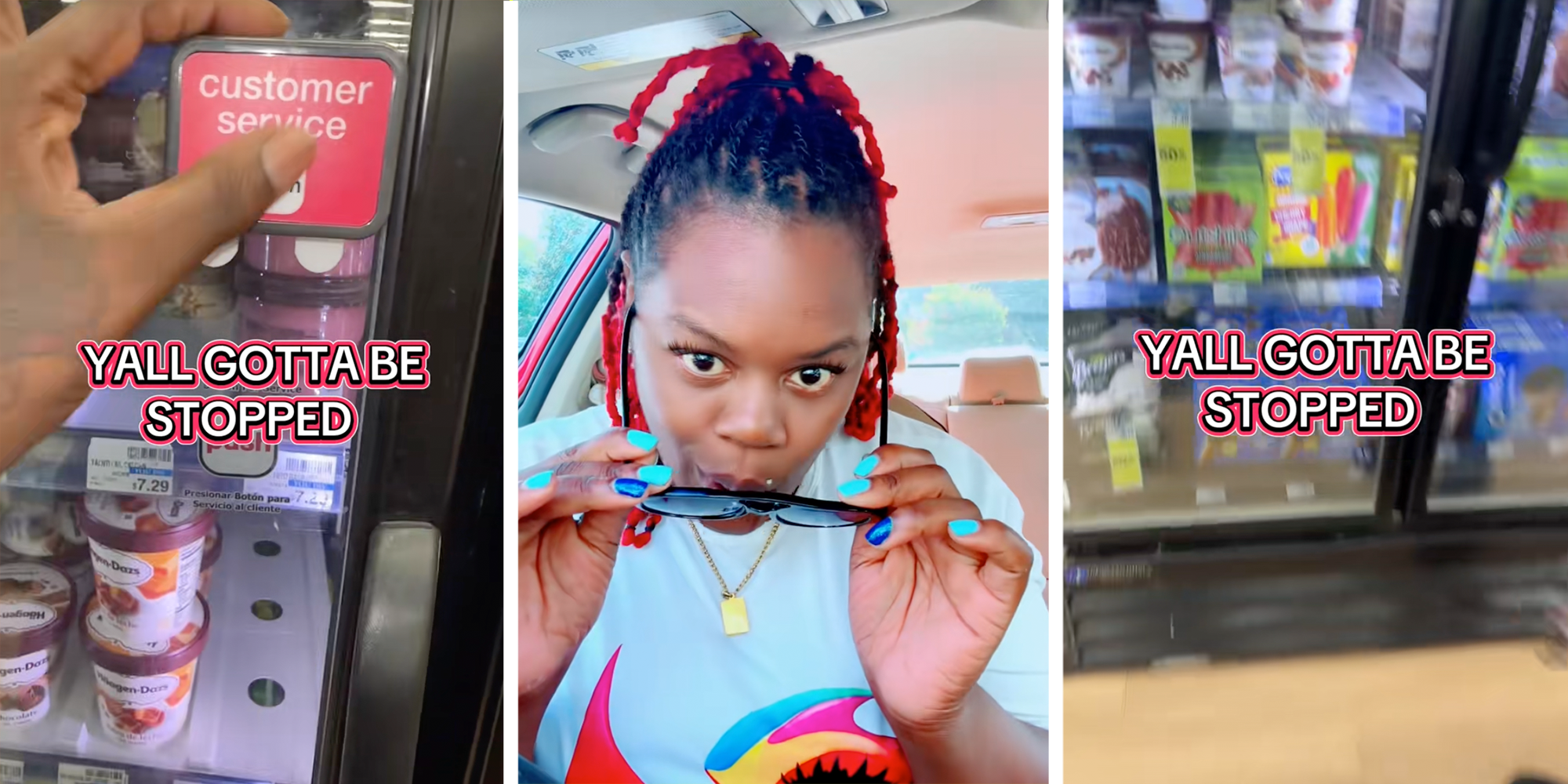 Woman presses 'Customer Service' button at CVS to unlock ice cream fridge.Behind the glass, there are various flavors of ice cream. Another panel shows her looking into the camera with her sunglasses pulled down.