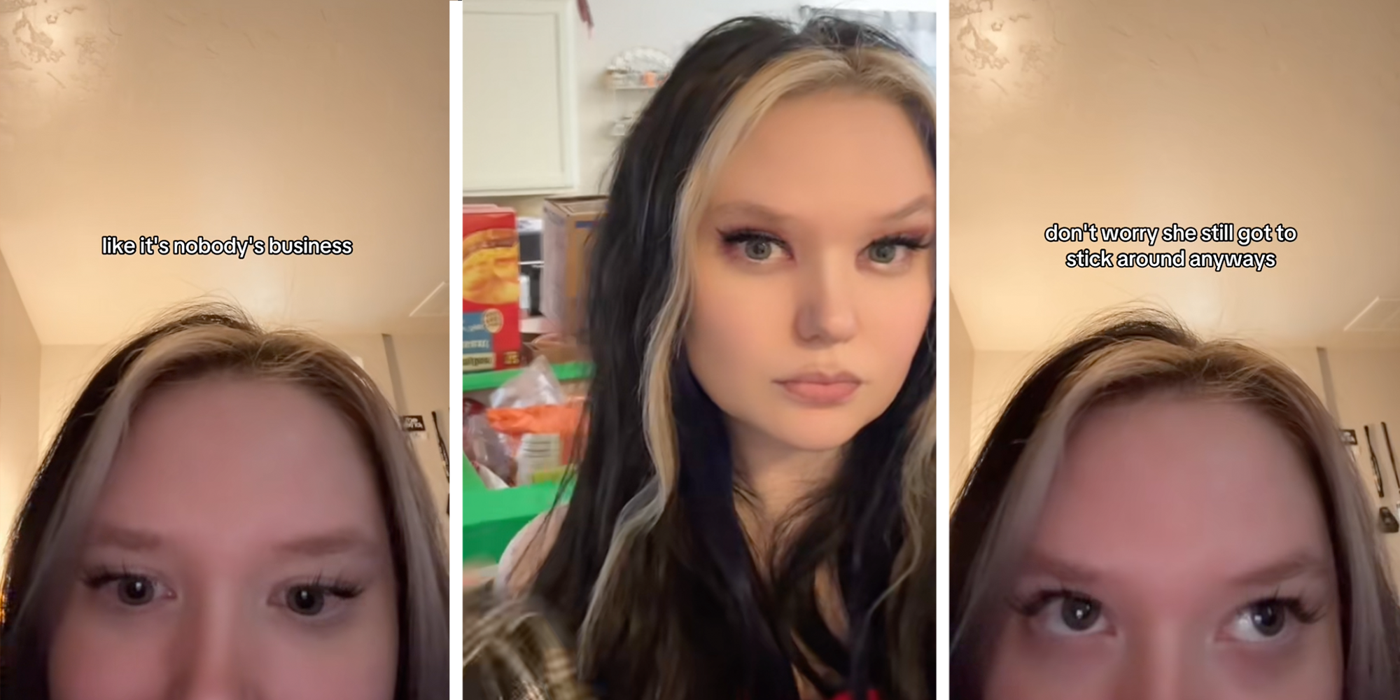 Left and right panels' Woman films her nose and above as she tells a story. Center panel; woman with dark hair and a blonde streak looks into the camera