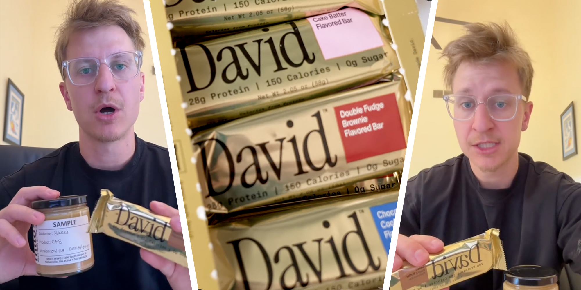 Left and Right panels: Man in clear rim glasses holds up a golden David protein bar and a jar of his own sauce. He has a concerned look on his face. Center panel: a row of David Protein bars in a box, including the Cake Batter and Double Fudge Brownie flavored bars.