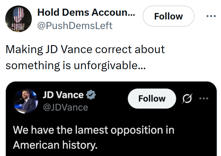 Tweet reading 'Making JD Vance correct about something is unforgivable...' over a screenshot of his post.