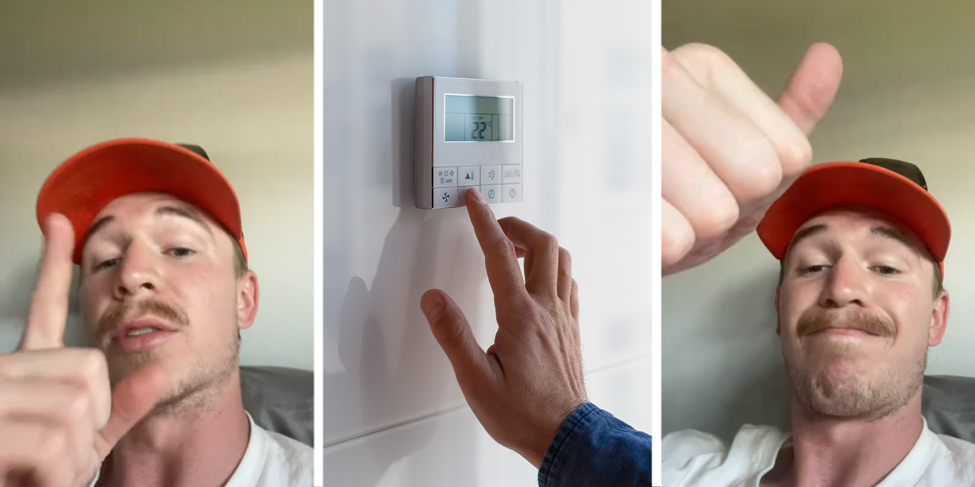 Man in red hat points finger up, then gives a thumb's up and a cheeky smile. A separate stock photo shows a hand turning off a digital thermostat.