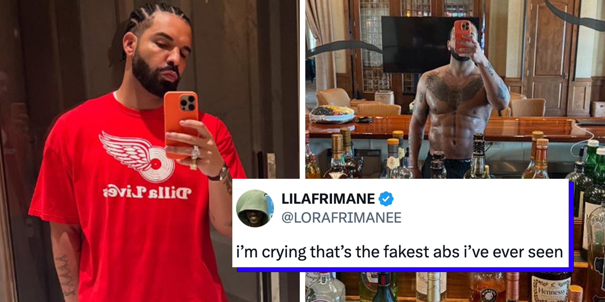 Left: Rapper Drake in a selfie Right: Rapper drake showing his abs in a selfie, with tweet overlay reading: 'I'm crying that's hte fakest abs I've ever seen'