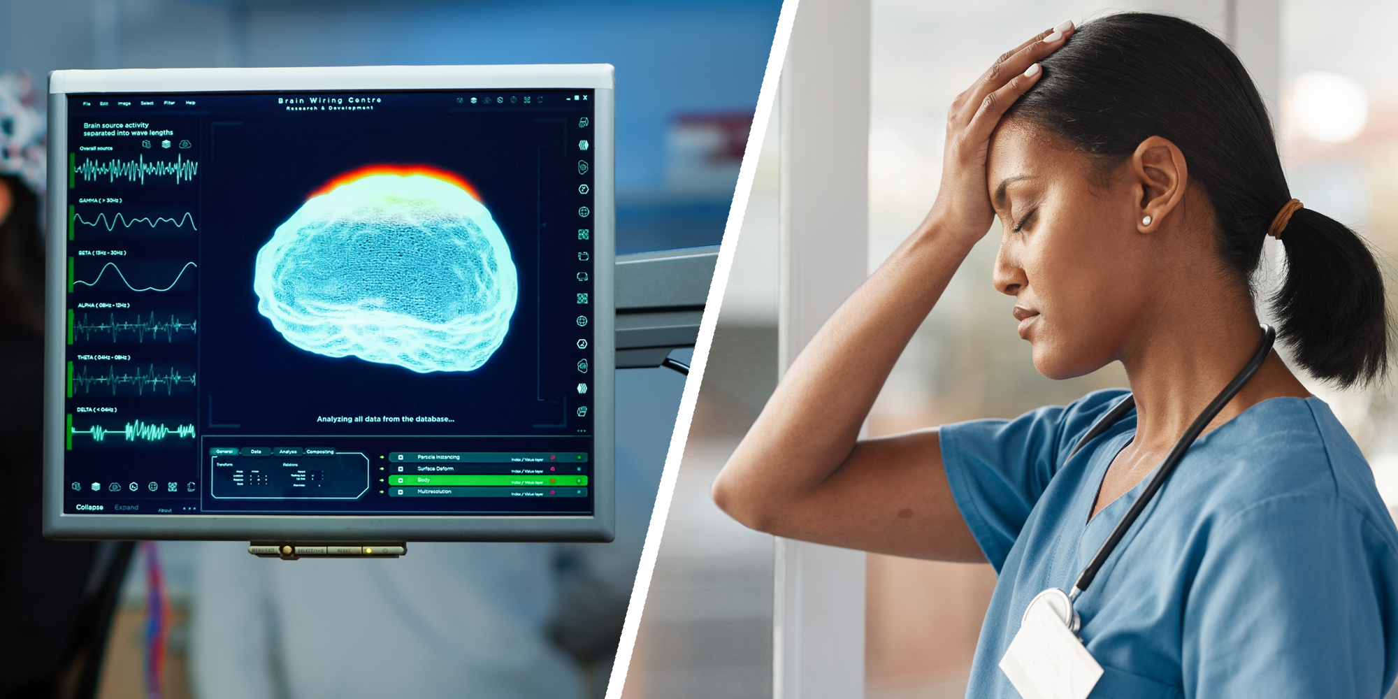 2 panel image of an EEG machine and a stressed healthcare worker.