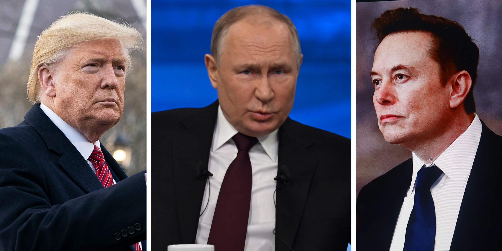 Left, Donald Trump; Center, Vladimir Putin; Right, Elon Musk